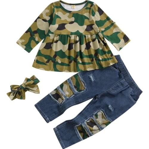 1-4Y Autumn Fashion Toddler Baby Girls Clothes Sets Camouflage Long Sleeve Pullover Tops Denim Pants Headband 3pcs