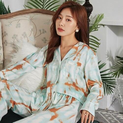 Womens Spring Tie-Dye Silk Satin Pyjamas Set Simple Style Ice -Silk Full-Sleeve Cardigan+Trousers 2Pcs Ladies Elegant Sleepwear