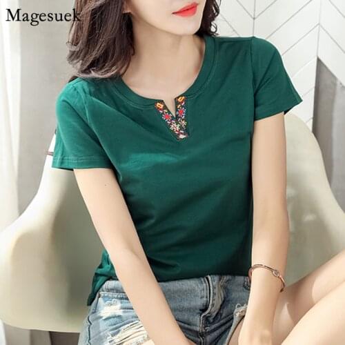 2021 Summer V-neck Slim T shirt Women 2021 Short Sleeve Solid Tees Tops Ladies Embroidery Plus Size Casual Woman Tshirts 8607