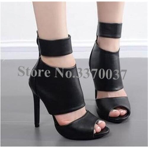 Women Fashion Open Toe Black White Gladiator Sandals Cut-out Back Zipper-up High Heel Sandals Dress Shoes Free Shipping
