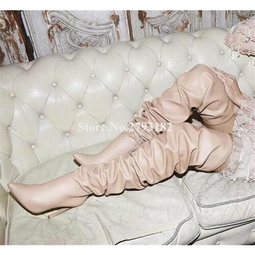 Winter Sexy Pointed Toe Over Knee Pleated Over Knee Boots Beige Leather Loose High Heel Long Boots Motorcycle Boots Dress Shoes