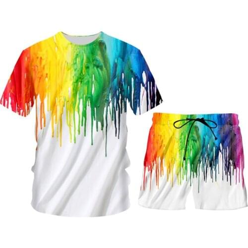 Mens White Colorful Paint 3d Print Tracksuit Summer 2 Piece Tee Shirt+Shorts Running Sweatsuit Customize Unisex Plus Size S-6XL