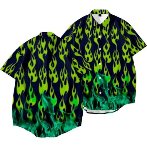 Men Shirt Green Fire Print Lapel Neck Short Sleeve Tops Men Casual Loose Shirts S-6XL