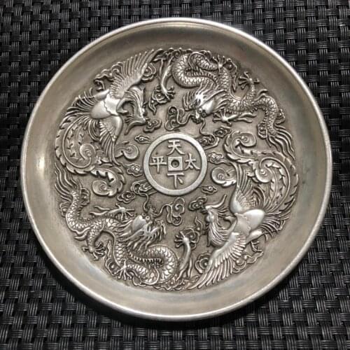 China Elaboration Old Tibet Silver Engrave Propitious "Dragon And Phoenix " Dish Metal Crafts Home Decoration