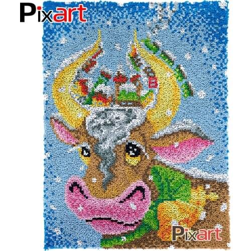 Latch Hook Rug Christms Cow Crocheting Wall Tapestry Kits DIY Carpet Rug Chunky Yarn Needlework Knitted Floor Mat Hobby & Crafts