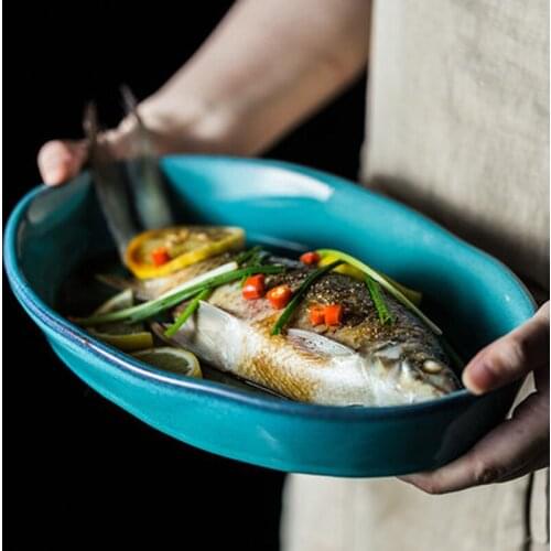 Creative ceramic tableware long handmade plate fish plate salad bowl household fruit plate large plate western food plate baked