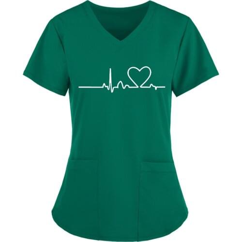 Summer Women Working Uniform S-5XL Plus Size Female Casual Printing T-Shirt Blouse Ladies Short Sleeve V-neck Tops Tee