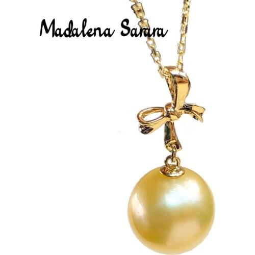 MADALENA SARARA 11mm Saltwater Pearl 18K Gold Necklace Natural Gold Color Perfectly Round Bead Pendant Necklace AU750 gold