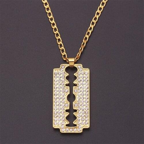 Creative Mens Alloy Razor Pendant Necklace Fashion Gold Color Chain Crystal Blade Necklace For Men New Hip Pop Chain Necklaces