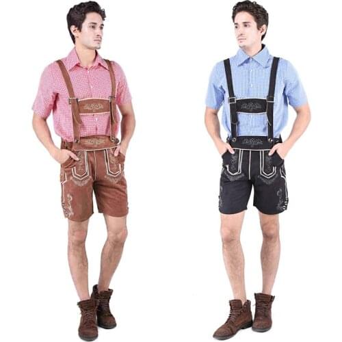 Mens Oktoberfest Lederhosen Outfit German Tradition Plaid Shirts Rompers Costume With Matching Suspender