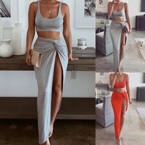 New Asia Sexy Party 2 Piece Set Women 2021 Plus Size Crop Top Twist Side Split Long Skirts Matching Sets Club Two Piece Outfits
