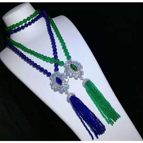 Charming 10 mm round green blue stone necklace micro inlay zircon accessories tassel necklace long 88-90 cm