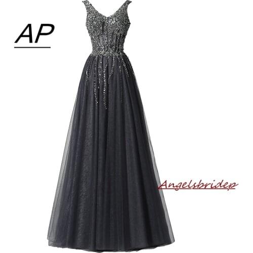 Charming Tulle Evening Dresses Long 2021 Robes De Soiree V-Neck Sparkly Beads Sequins Abendkleid Formal Prom Party Gown Backless