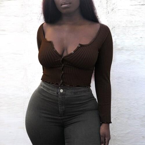 Autumn Fashion Square Collar Button Cardigan Ribbed Long-Sleeved Solid Color T-Shirt Sexy Harajuku Shirt Comfortable Streetwear