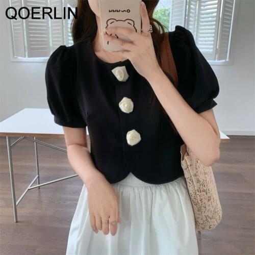 QOERLIN Women Blazer Rose Flower Three-Dimensional Button Office Ladies Suit Jacket Summer Single-breasted Short Cropped Tops