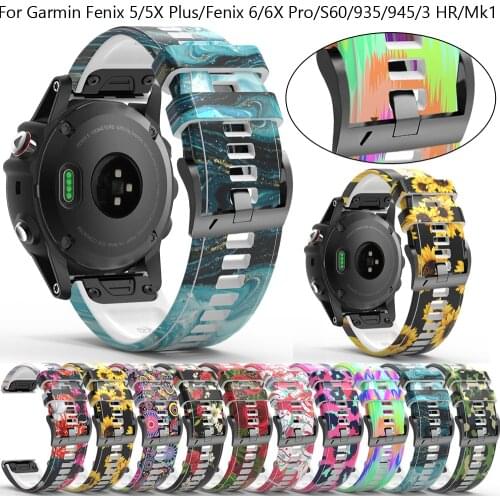 Smart Watch Band Straps For Garmin Fenix 6 6X Pro 5X 5 3 HR MK1 Forerunner 935 945 Quick Release Strap Printed Silicone Bracelet