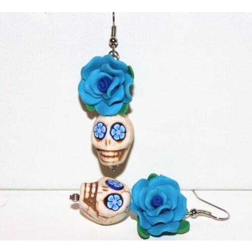 White & Blue Rose Skull Earrings,Rockabilly,Goth Punk, Skull Drop Earrings, Skull Gift,Gothic Jewelry,halloween Earrings,witch