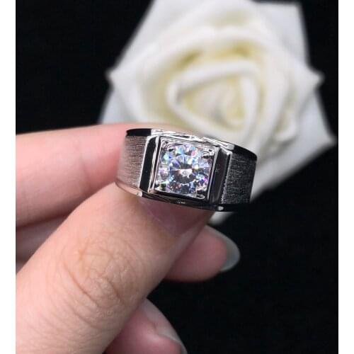 Solid 18K White Gold AU750 Male Ring Classic 1CT Diamond Mens Engagement Ring D Color VVS1 Promise Jewelry Gift For Husband