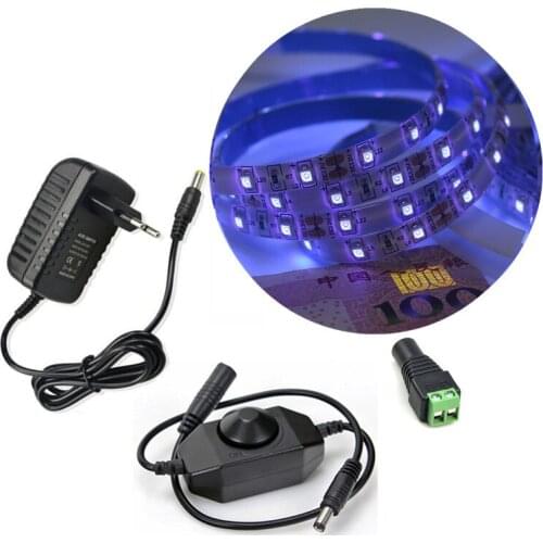 Ultraviolet Black light SMD 3528 60leds/m UV Led Strip light LED Ribbon Purple Flexible Lamp + Dimmer Switch + 12V Power Adapter