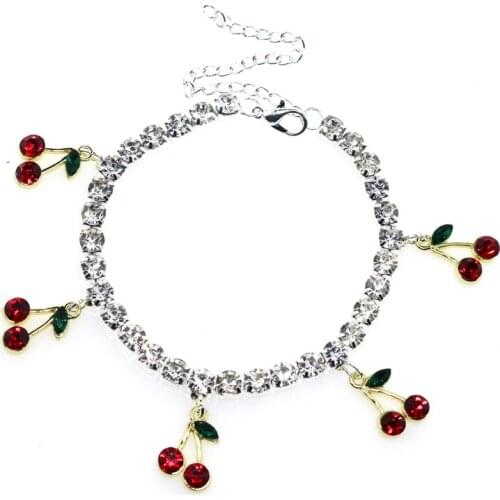 Korean Red Cherry Crystal Pendant Cute Rhinestone Bracelet Tennis Chain Anklet Summer Beach Cuban Link Anklet Boho Foot Jewelry