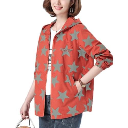 Women Windbreakers New Spring Autumn Printed Hooded Outerwear Zipper Thin Short Trench Coat Female Casual Tops Plus Size 4XL