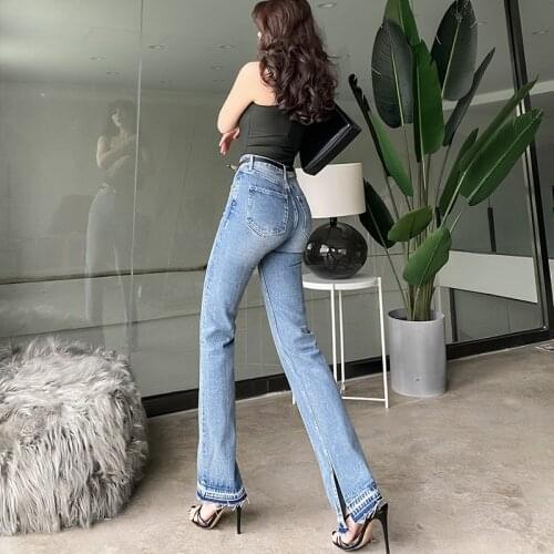 2020 Recommend New High Waist Wide Edge Split Stright Jeans Fashion Street Style Full Length Washed Vintage Bleached Jeans Woman