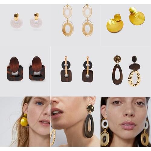 ZA Earrings 2020 Newest Fashion Vintage Wooden Metal Acrylic Drop Earrings For Women Trendy Oval Round Geometric Dangle Earring