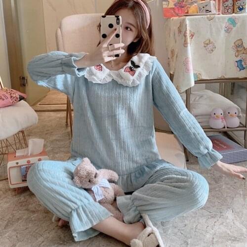 Cartoon pajamas set Women Thicken Coral fleece Sleepwear Pijama Autumn Winter Korean sweet Home Pyjamas suit pijama mujer pjs