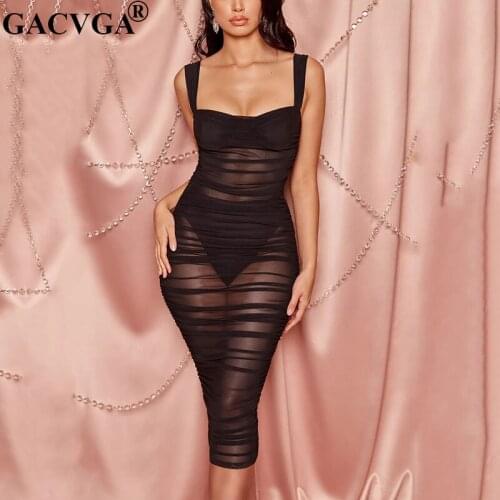 GACVGA Double Layer Sexy Midi Long Dress Women Sleeveless Square Neck Ruched Mesh Black 2020 Summer Dress Club Party Clothes
