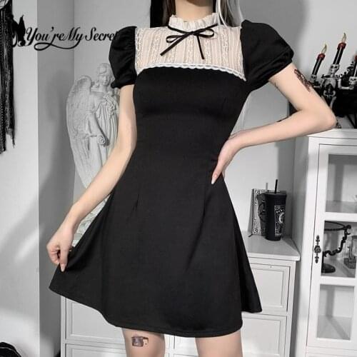 [You're My Secret] Women Dark Elegant Black Fairy Party Dress Vintage Sweet Kawaii Chic Slim Gothic Punk Party Dress