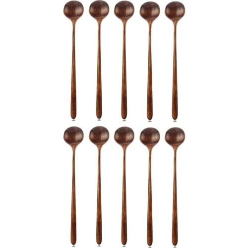 10Pcs Long Spoons Wooden,Wood Long Handle Round Spoons for Soup Cooking Mixing Stirrer Kitchen Tools Utensils 10.9 In