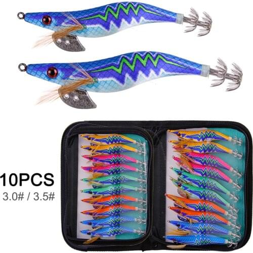 10pcs Squid Bait Hook 3.0# 3.5# 20g 15g Wooden Shrimp Jig Fishing Lures Hooks Wood Artificial Luminous Jigging Lure with Bag