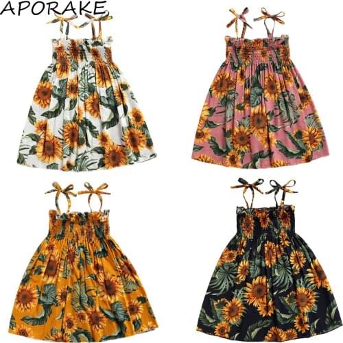 2021 1-7Y Summer Boho Kids Girls Dress 9 Colors Sleeveless Bandage Sunflower/Cherry/Daisy Print Pleated Slim Top Tutu Sundress
