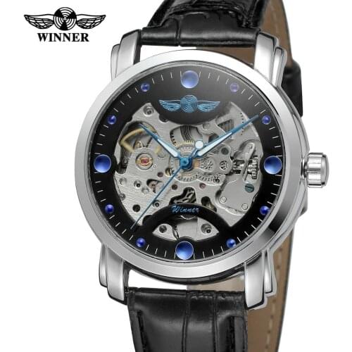 FORSINING WATCH Creative surface four blue dot beads no digital dial leather strap mens automatic mechanical watch