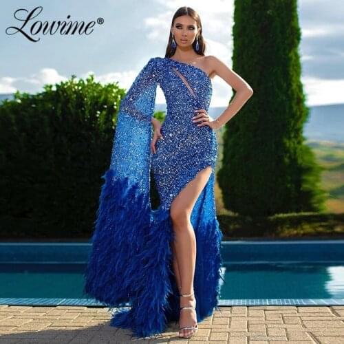 Dubai Feathers Long Evening Dresses 2021 Newest Beads Sequins One Shoulder Dresses Woman Party Night Arabic Celebrity Prom Dress