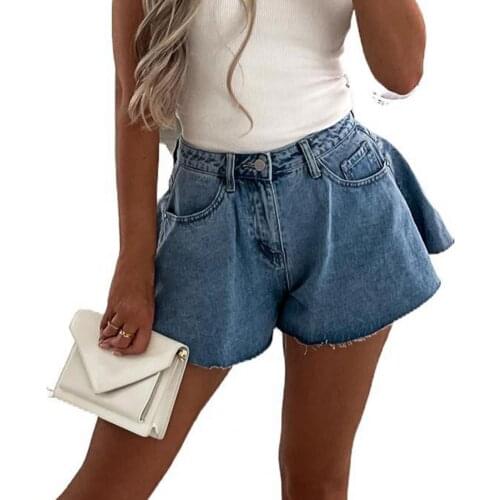 Fashion short femme High Waist Wide Leg Denim Shorts Blue Multi Pockets Button Jean Shorts Streetwear Summer 2021 xxl