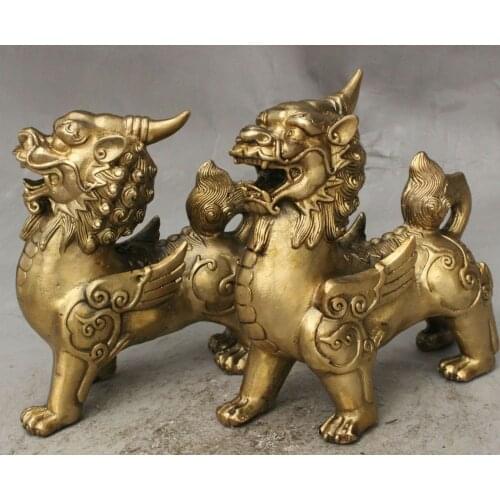 14cm FengShui Brass Guardian Wealth Unicorn PiXiu Pair old Statue ~Wish U Wealth
