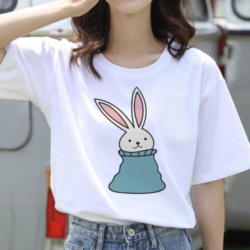 Short Sleeve Tops Tee Women Summer Casual O-neck Tee Shirts Female Graphic T-shirts Cartoon Rabbits Tshirt White Tees Tops
