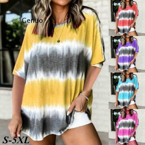 Sleeve Tie Dye Printed Casual Tshirt Tees Women Spring Summer Round Neck Loose Shirt Tops Harajuku Pullover Clothes