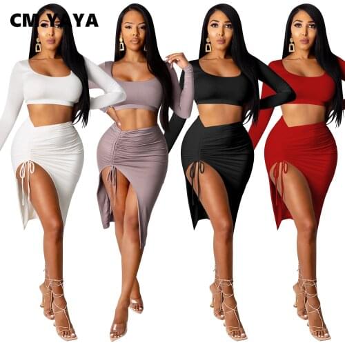 CM.YAYA Two 2 Piece Set for Women Sexy Club Night Party Outfits Crop Tops + Tie Up Ruched High Slit Midi Skirt Set Fall Winter