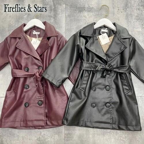 Spring Autumn Girls Pu Jacket Baby Long Coat Toddler Outwear Kids Streetwear Clothes Fashion Waistband Wine Rough 3 To 14 Yrs