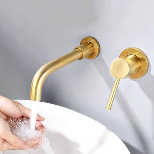 Brushed Golden Brass Wall Mounted Basin Faucet Single Handle Hot And Cold Mixer Bathroom Faucet In Wall Mount Water Tap