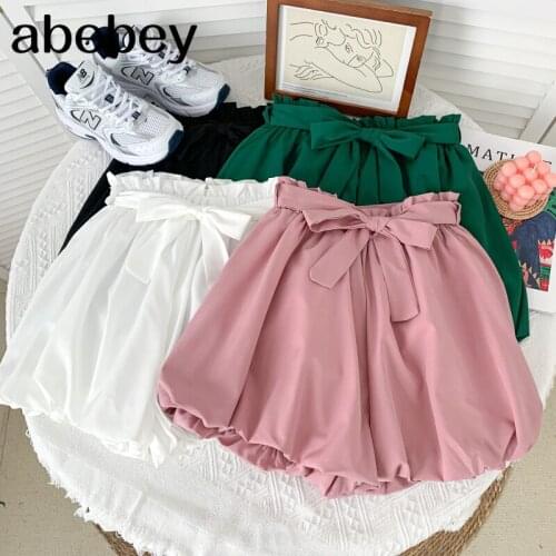 Fashion versatile solid color Shorts bow bandage high waist pleated casual wide leg Lantern Shorts 2021 New Summer Women