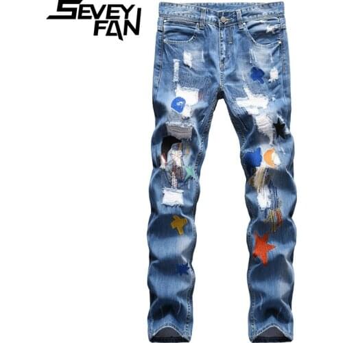 SEVEYFAN Embroidery Ripped Hole Jeans Mens Fashion Washed Straight fit Denim Pants