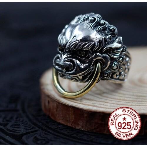 S925 sterling silver mens open ring personality retro classic style carved lion modeling send lovers jewelry gift 2018 Hot new