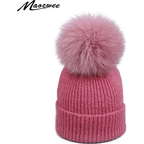 Real Fox Fur Pompom Wool Beanie Hats For Women And Children Winter Warm Knitted Thick Soft Hat Skullies Beanies Windproof Caps