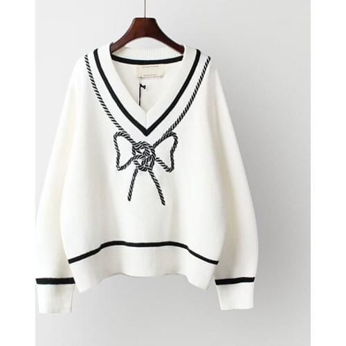 Preppy Style 2021 Autumn Fashion Women Long Sleeve V-Neck Knitted Sweaters Oversize Casual Bow Print Loose Pullovers