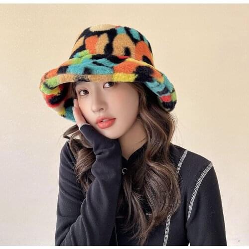 Winter Cow Leopard Faux Fur Fluffy Bucket Hats Women Outdoor Warm Sun Hat Soft Velvet Furly Fisherman Cap Lady Fashion Panama