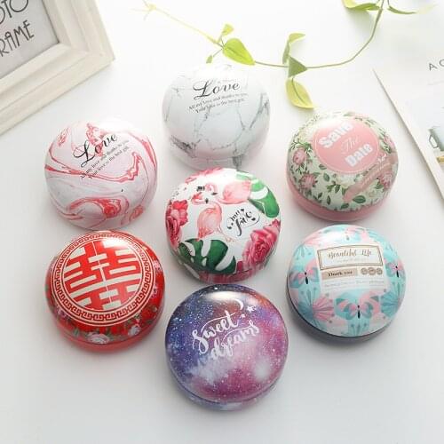 Flat Round Fashion Macaron Wedding Candy Box Korean Wedding Candy Packaging Box Holiday Party Candy Packaging Tin Box