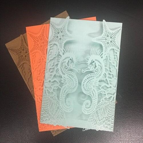 Popular favorate beach wedding decoration laser cut seahorse and starfish invitation cards various colors 100sets